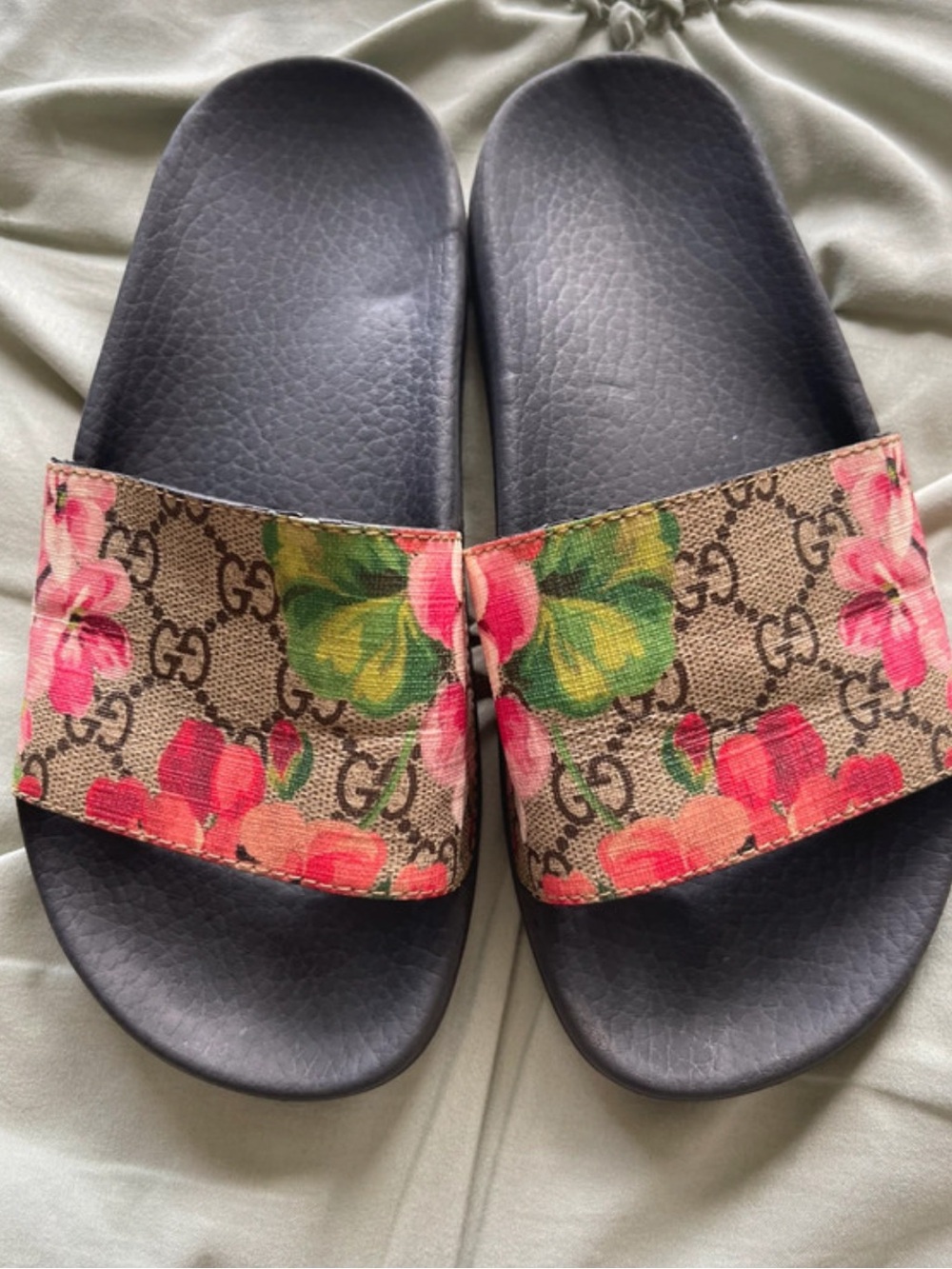 Gucci Floral GG Canvas Slide Sandals - Black with Pink & Green